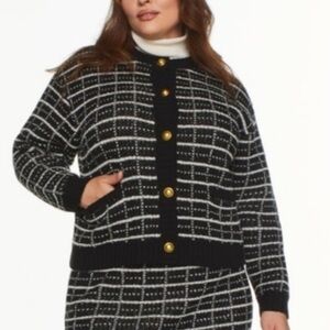 Eloquii Black and White Patterned Cardigan with Gold Accents